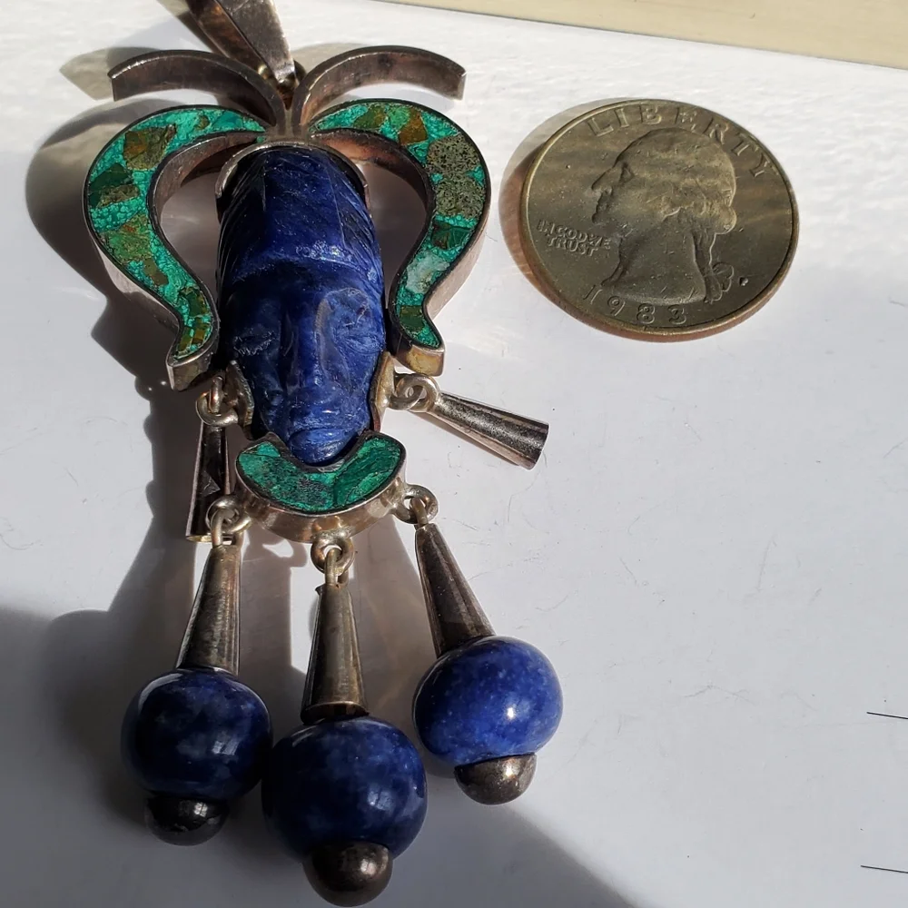 Watch Video / Sterling Silver 925 Native Face Pendant Turquoise / Lapis Lazuli